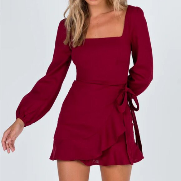 Princess Polly Burgundy The Villa Long Sleeve Ruffle Mini Faux Wrap Dress - Picture 1 of 5